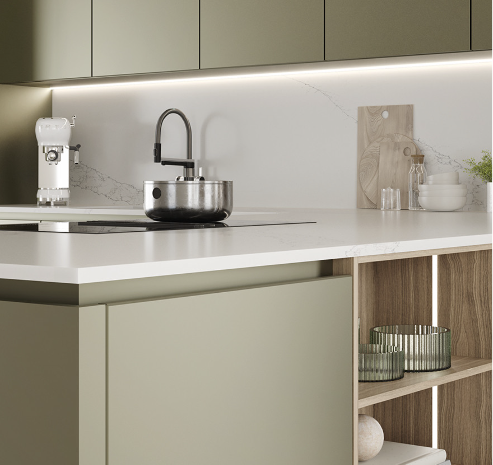 Cucina moderna con piano di lavoro Caranto Quartz in agglomerato di quarzo